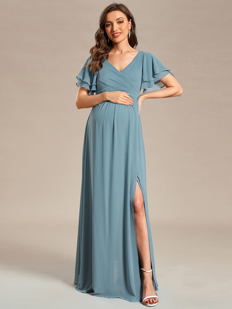 A-Line Ruffles Sleeve Front Slit Pleated Chiffon Maternity Dress #color_Dusty Blue