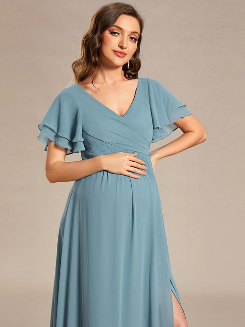 V Neck Chiffon A Line Prom Dress With Slit main image 1