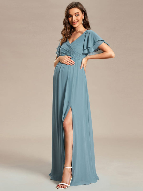 Elegant A-Line Front Slit V-Neck Chiffon Maternity Dress with Ruffles ...