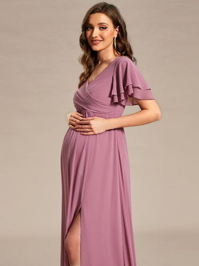 A-Line Ruffles Sleeve Front Slit Pleated Chiffon Maternity Dress