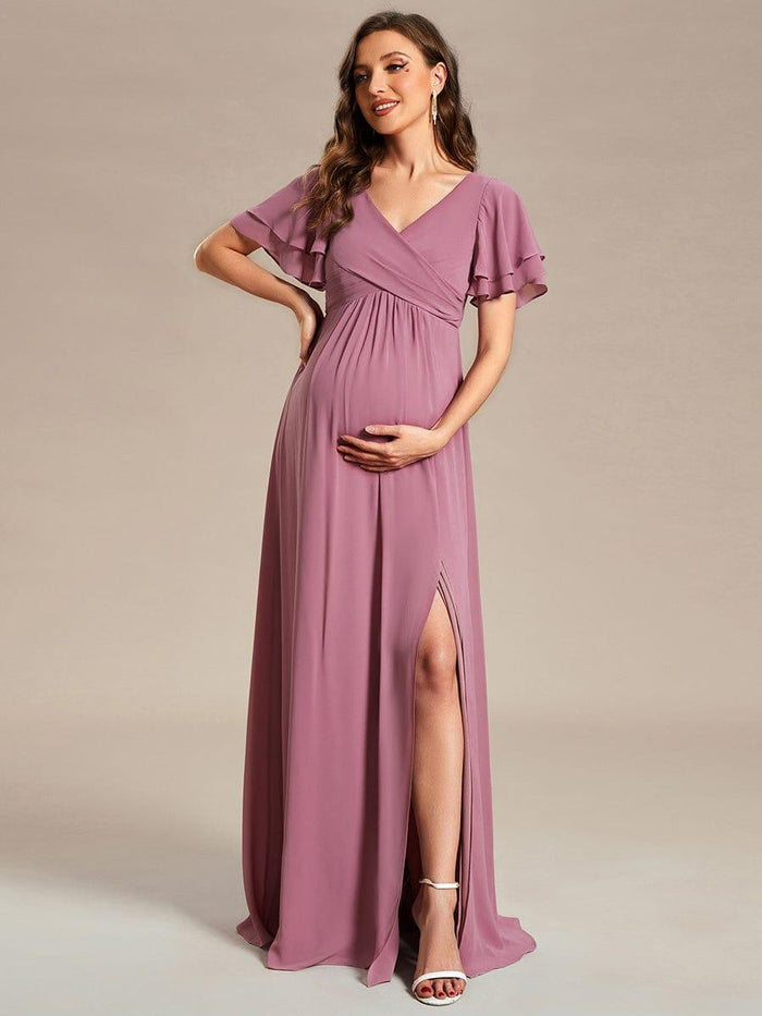 Maternity clothes-One-shoulder V-neck hem slit trailing tail dress