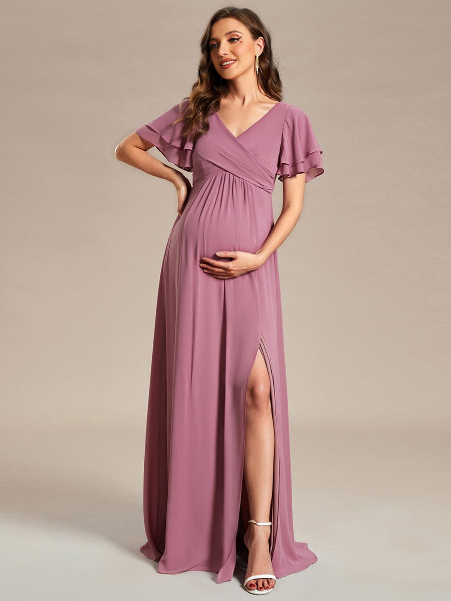 Elegant A-Line Front Slit V-Neck Chiffon Maternity Dress with Ruffles  Sleeve - Ever-Pretty US