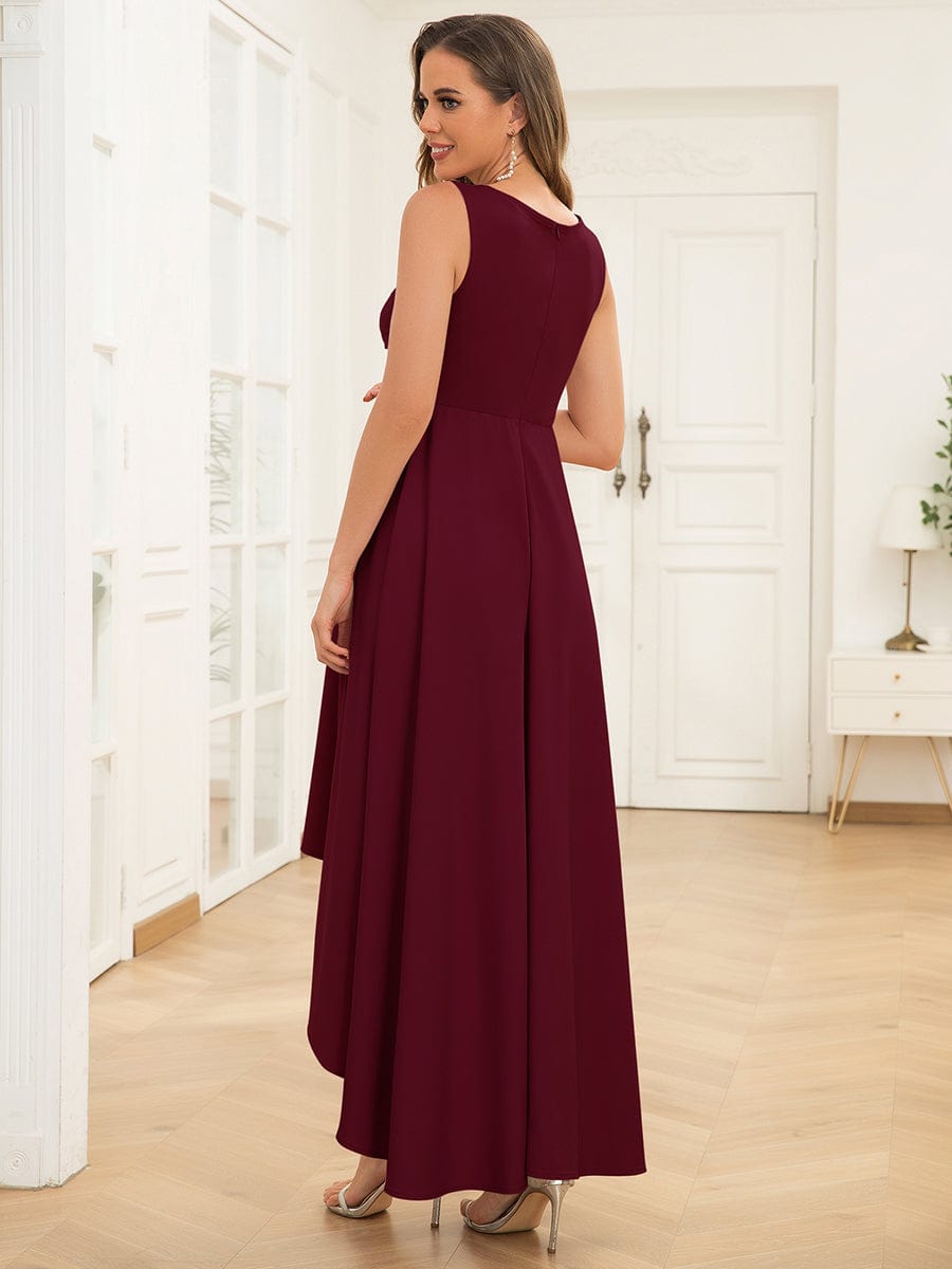 Sleeveless Pleated V-Neck High Low Maternity Dress #color_Burgundy