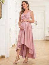 Sleeveless Pleated V-Neck High Low Maternity Dress #color_Dusty Rose 