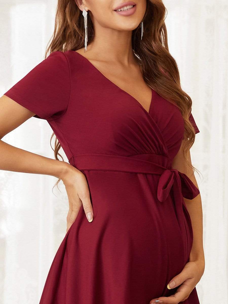 Short Sleeve Tie Waist Short A-Line Maternity Dress