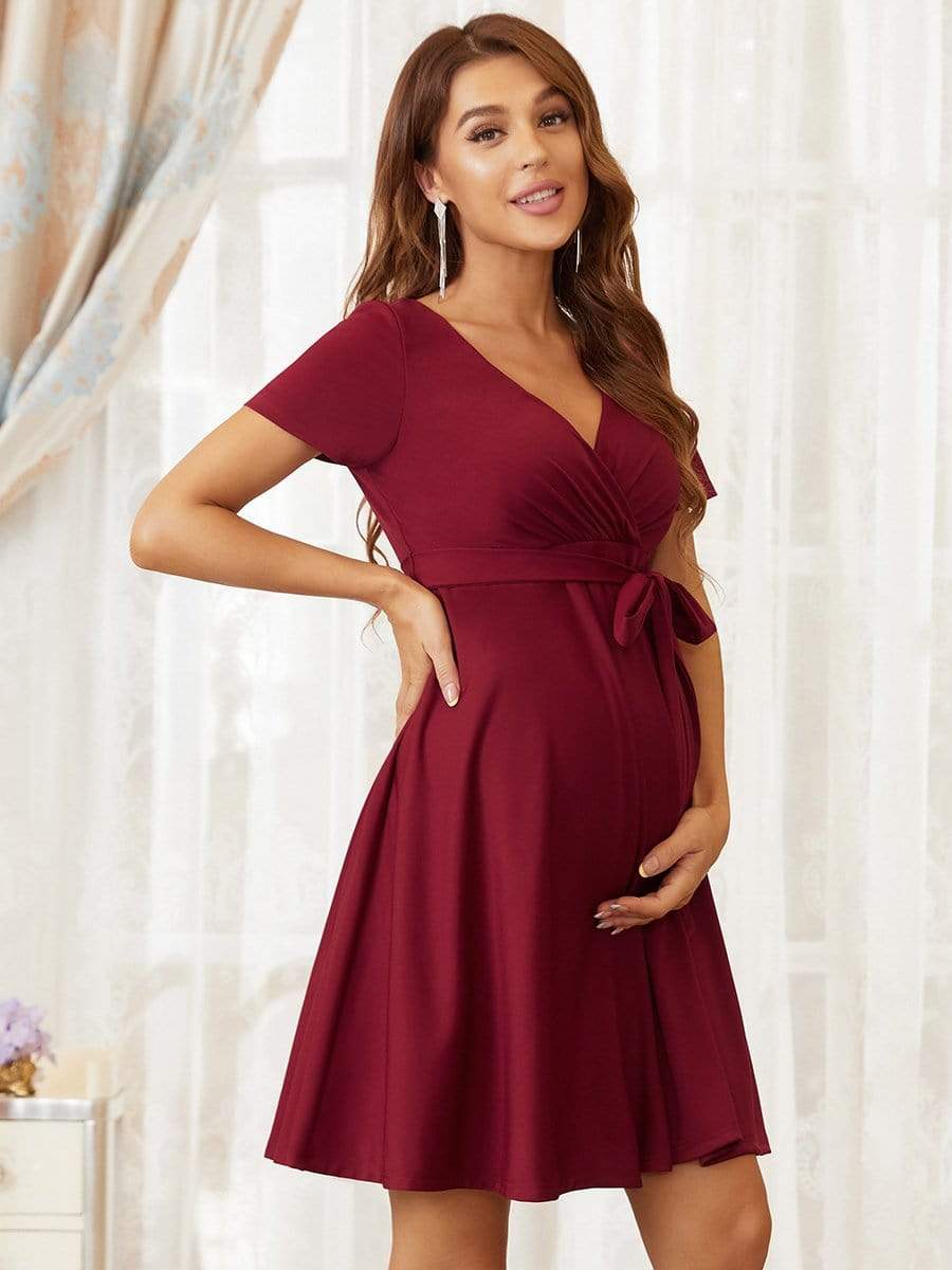 Short Sleeve Tie Waist Short A-Line Maternity Dress #color_Burgundy 