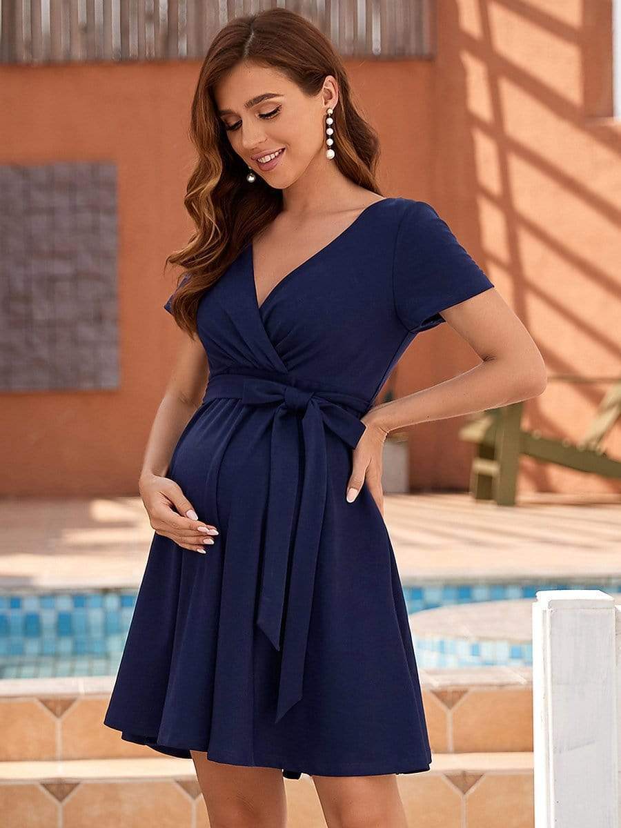 Short Sleeve Tie Waist Short A-Line Maternity Dress #color_Navy Blue 