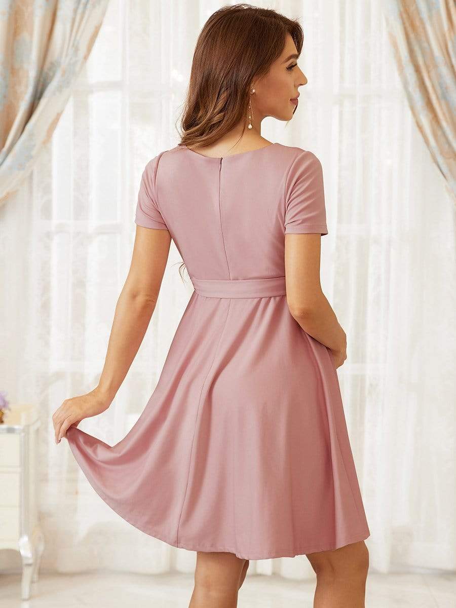 Short Sleeve Tie Waist Short A-Line Maternity Dress