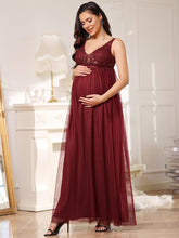 Double V-Neck Lace Bodice Long Flowy Maternity Dress #color_Burgundy