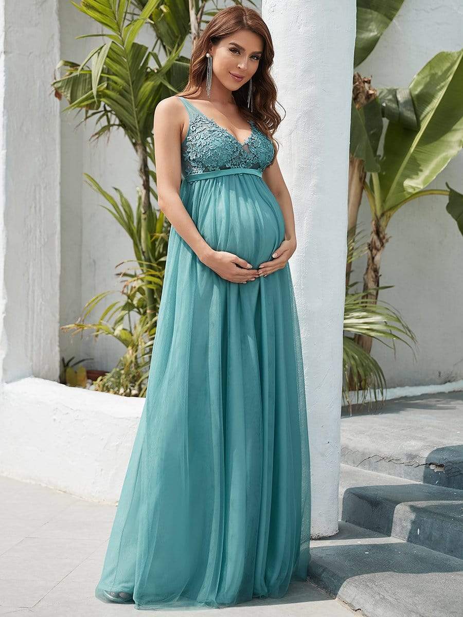 Double V-Neck Lace Bodice Long Flowy Maternity Dress #color_Dusty Blue