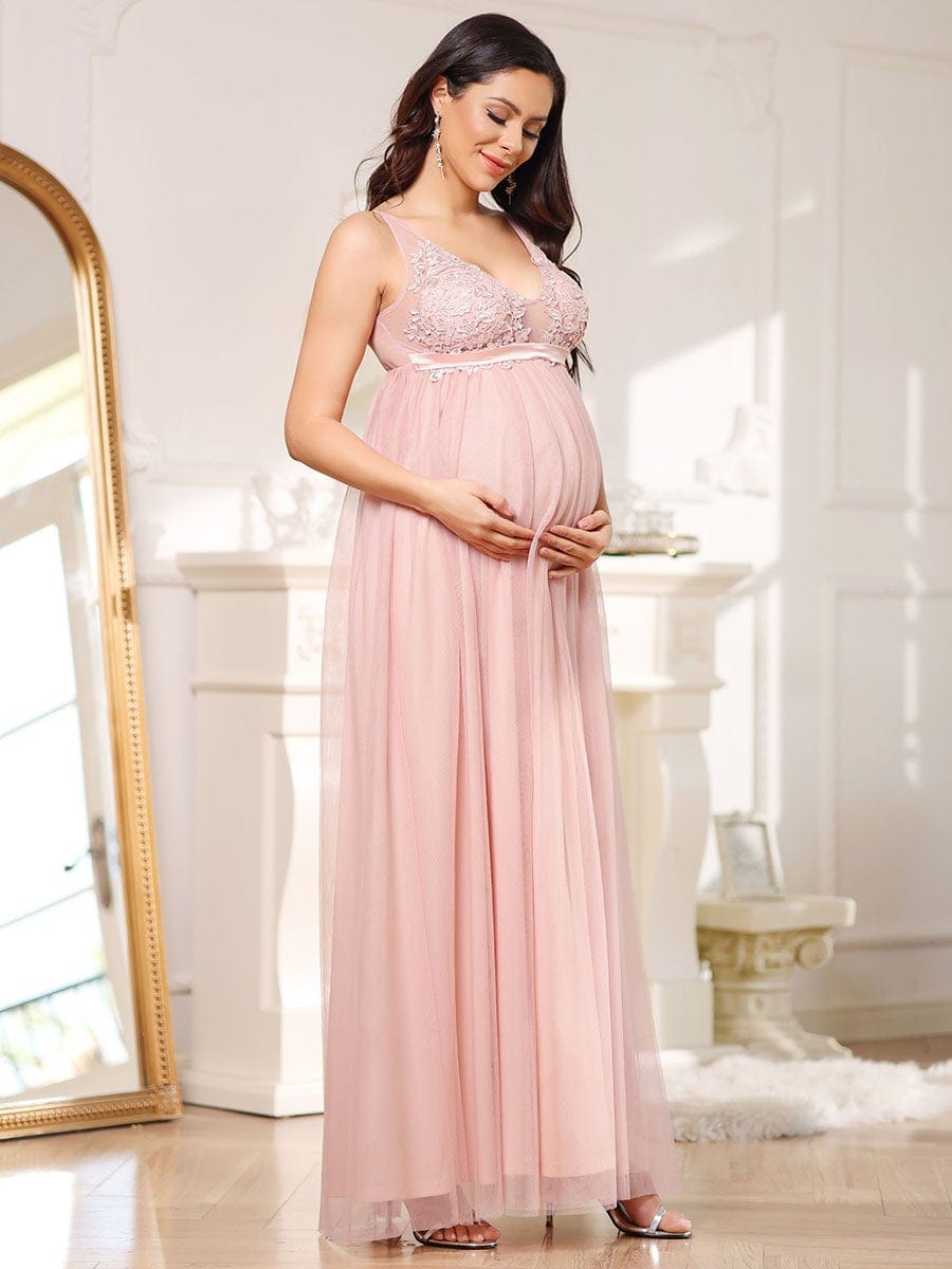 Double V-Neck Lace Bodice Long Flowy Maternity Dress #color_Pink