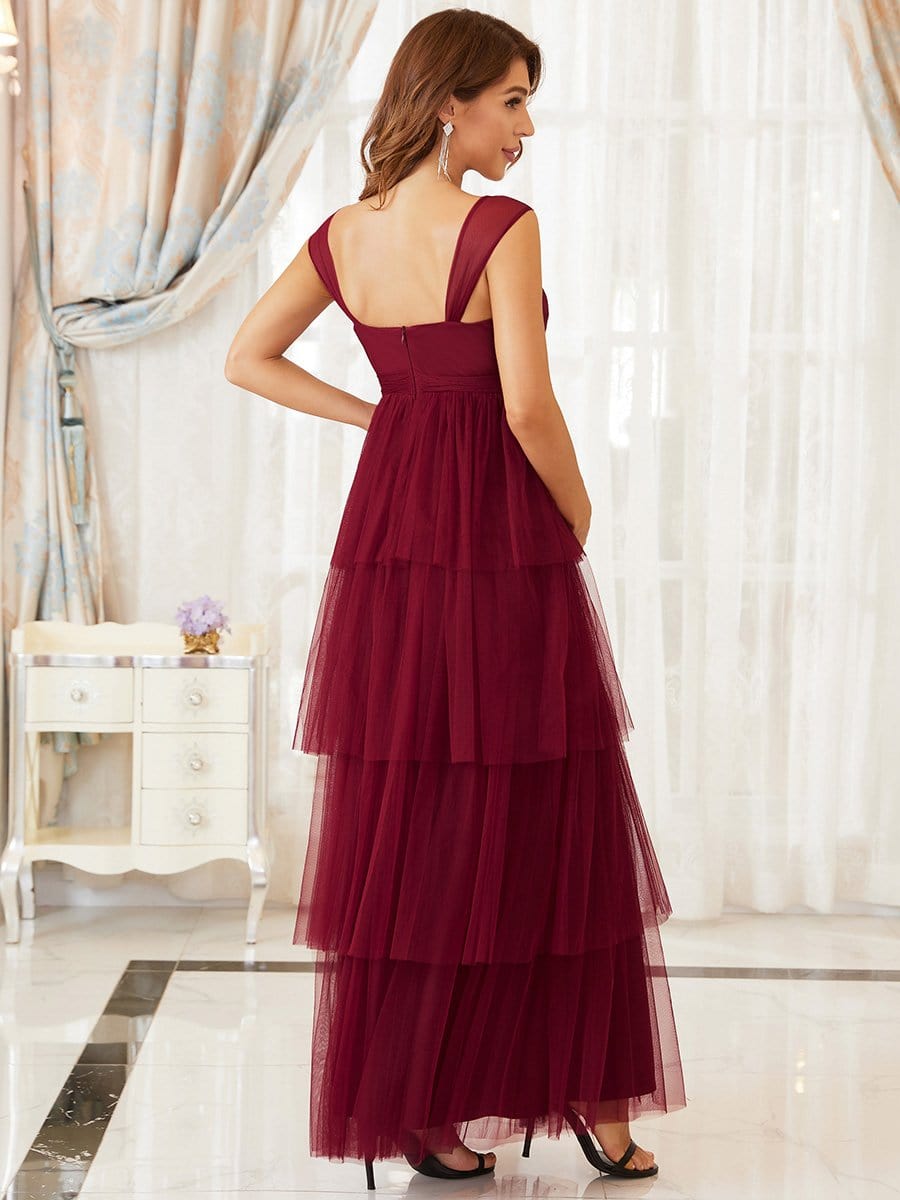 Plus Size Tie Waist V-Neck Tiered Floor-length Maternity Dress #color_Burgundy
