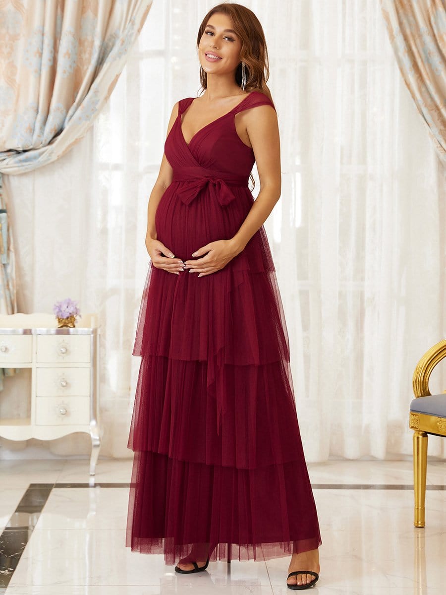 Plus Size Tie Waist V-Neck Tiered Floor-length Maternity Dress