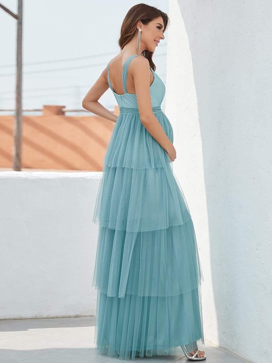 Tie Waist V-Neck Tiered Floor-length Maternity Dress #color_Light Teal