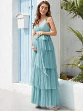 Tie Waist V-Neck Tiered Floor-length Maternity Dress #color_Dusty Blue