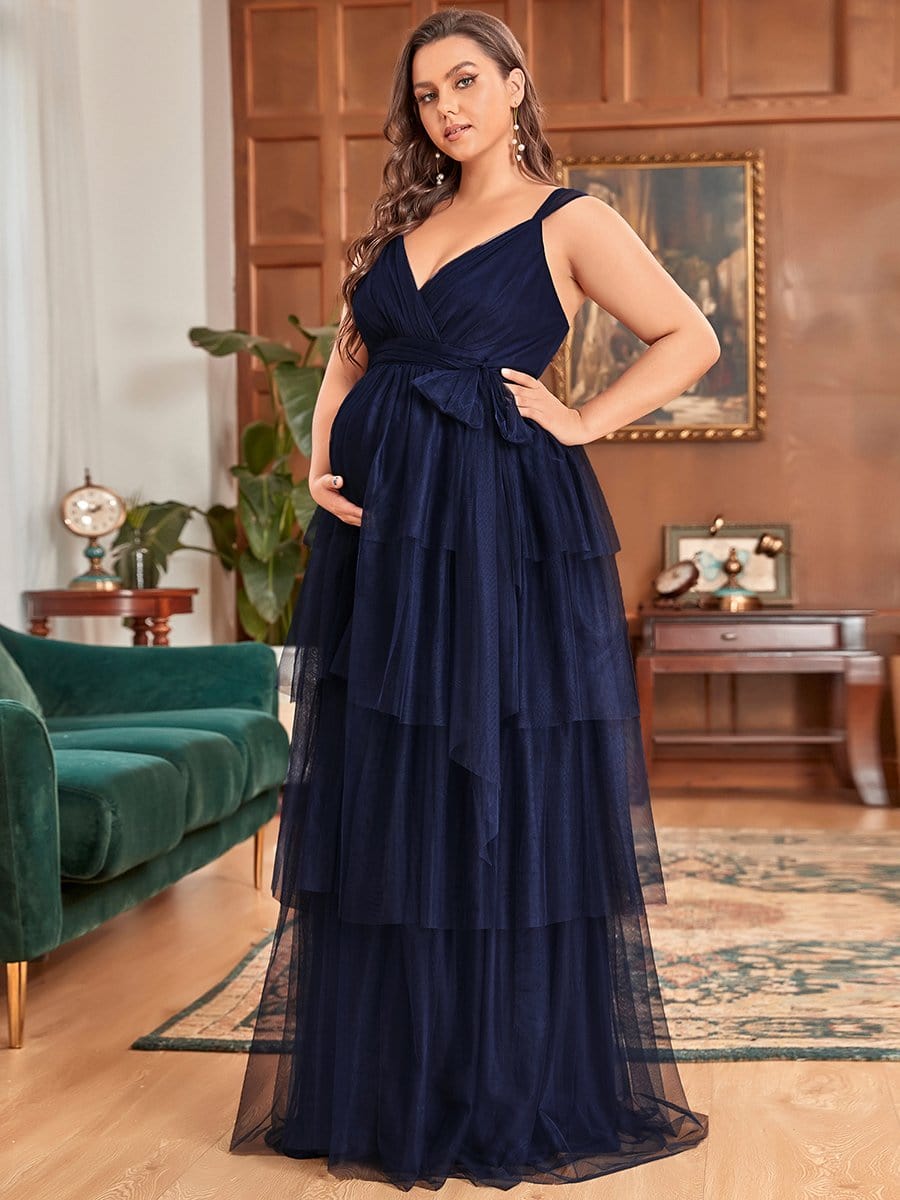 Plus Size Tie Waist V-Neck Tiered Floor-length Maternity Dress #color_Navy Blue