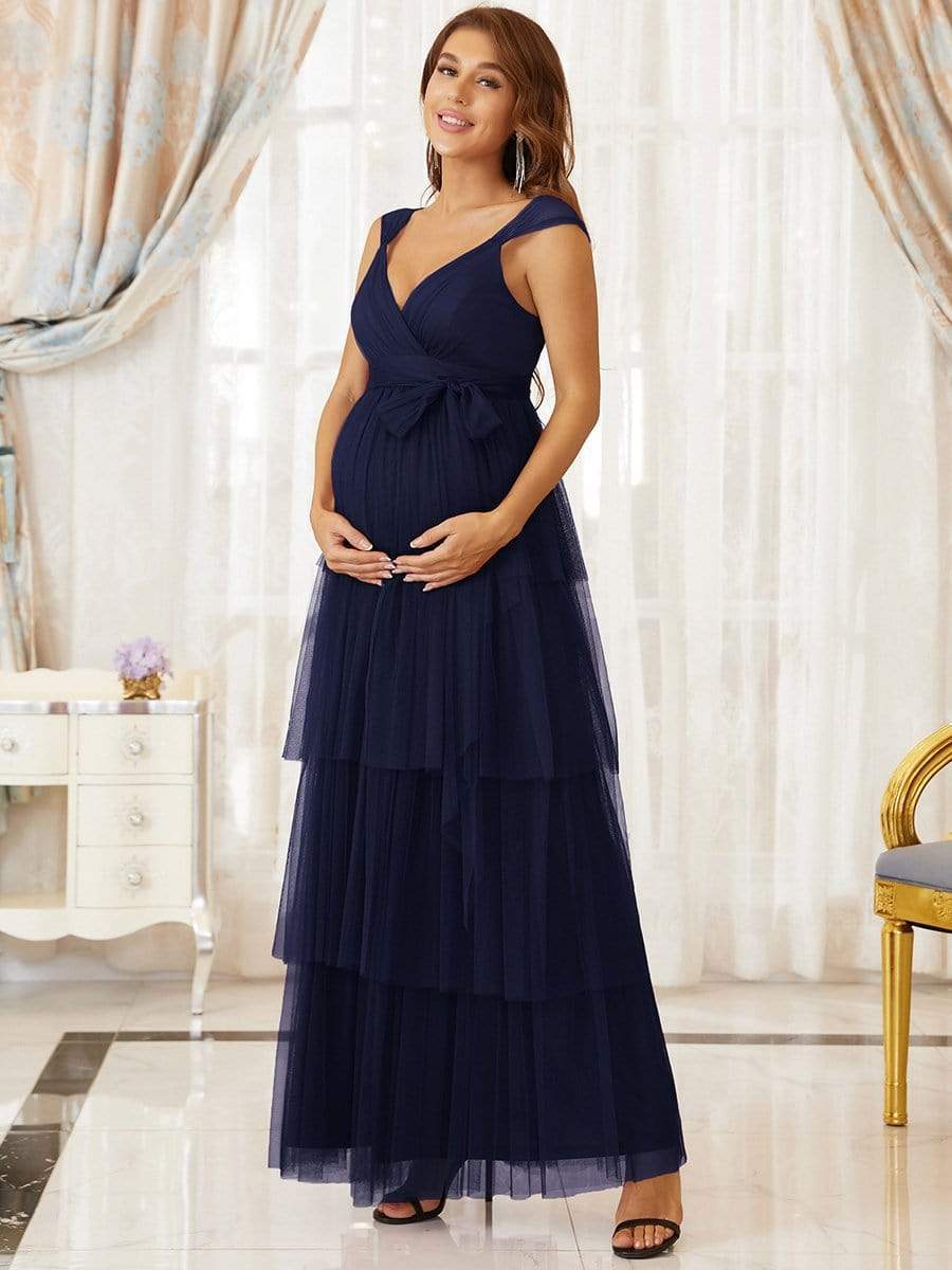 Tie Waist V-Neck Tiered Floor-length Maternity Dress #color_Navy Blue