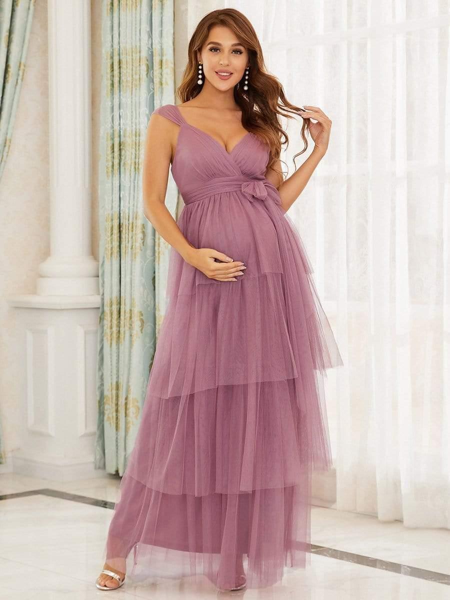 Tie Waist V-Neck Tiered Floor-length Maternity Dress #color_Purple Orchid