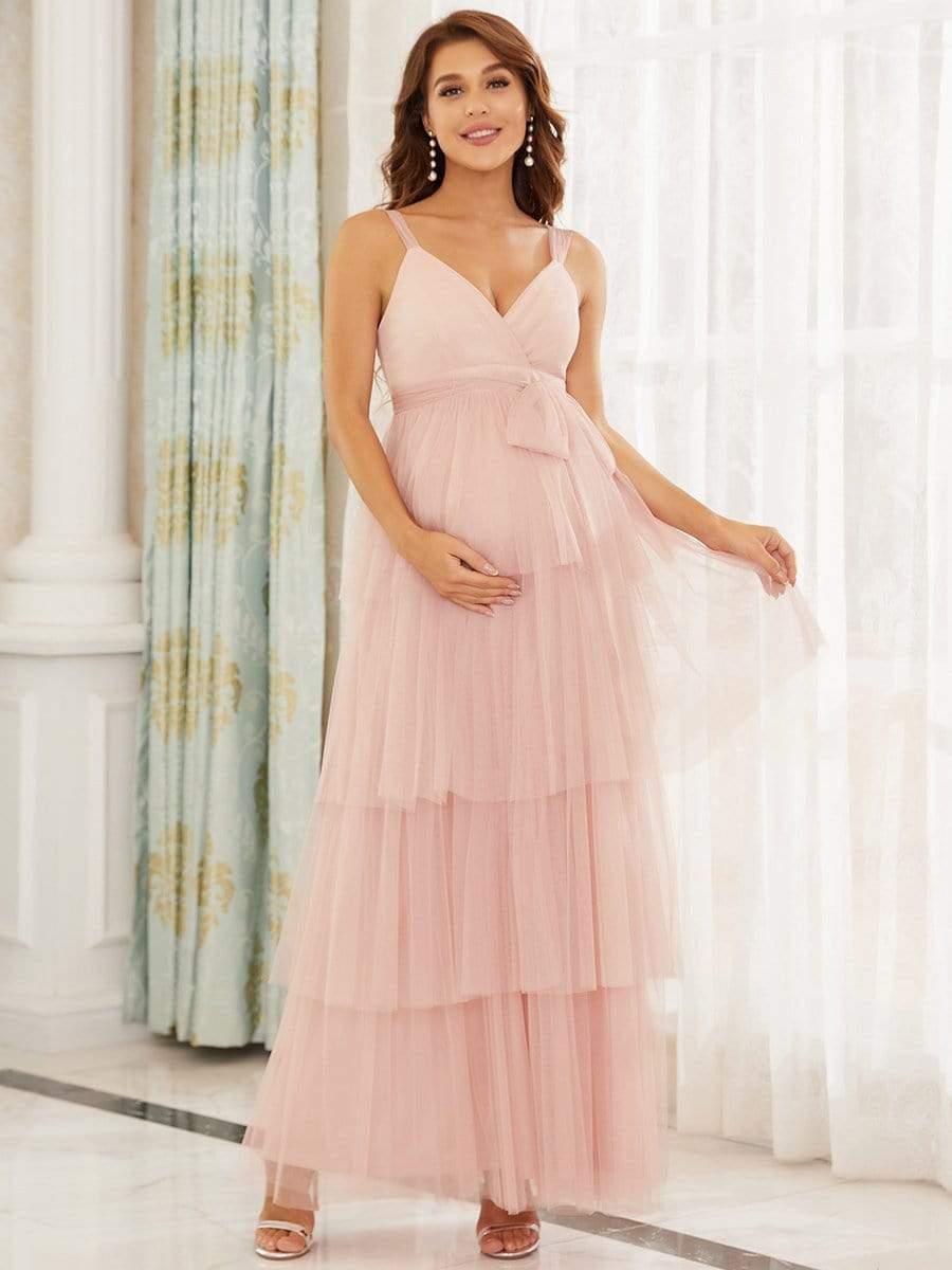 Tie Waist V-Neck Tiered Floor-length Maternity Dress #color_Pink