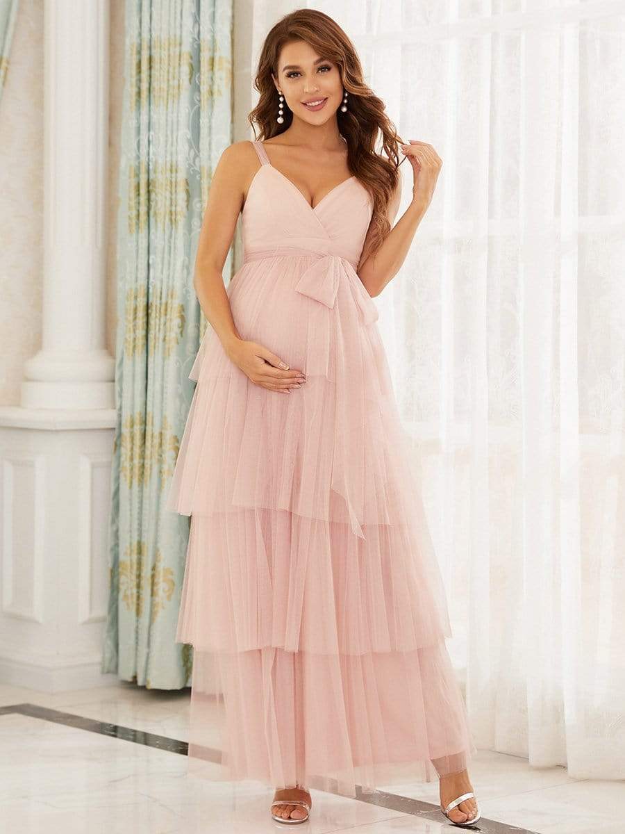 Tie Waist V-Neck Tiered Floor-length Maternity Dress #color_Pink