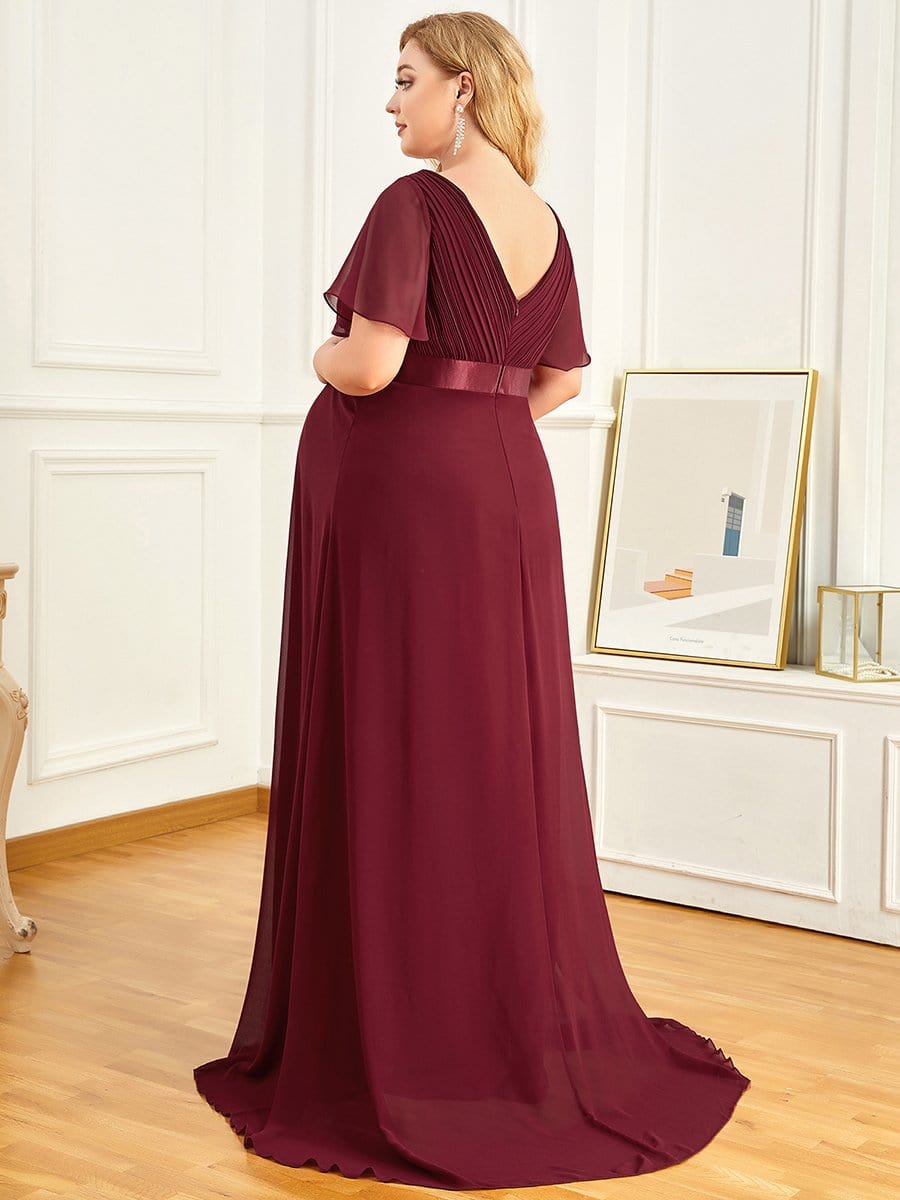 Plus Size Ruffle Sleeve Floor-Length Formal Maternity Dress #color_Burgundy 