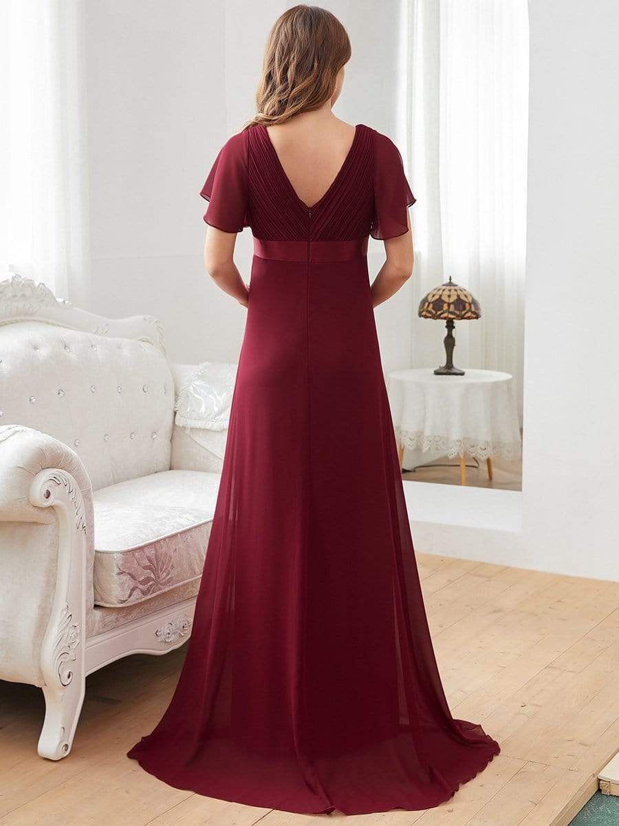 Ruched Bodice Flowy Chiffon Floor-Length Bump Friendly Dress with Sleeves #color_Burgundy 