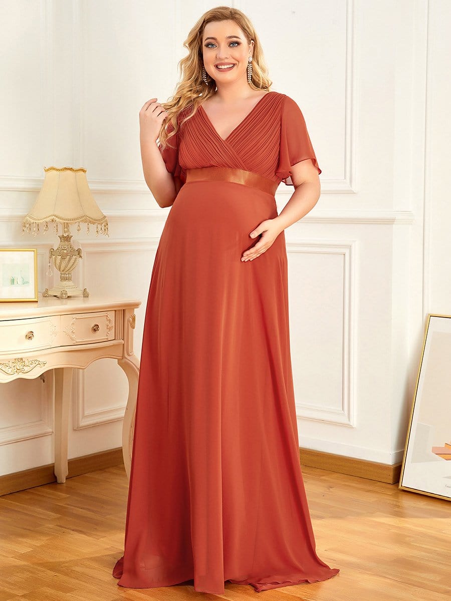 Ruched Bodice Flowy Chiffon Floor-Length Bump Friendly Dress with Sleeves #color_Burnt Orange 