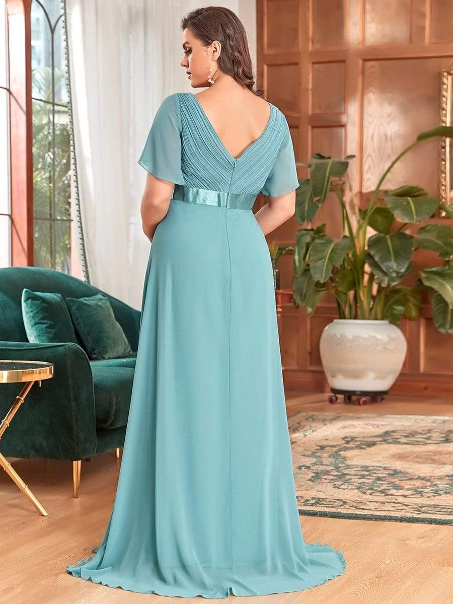 Ruched Bodice Flowy Chiffon Floor-Length Bump Friendly Dress with Sleeves #color_Light Teal 