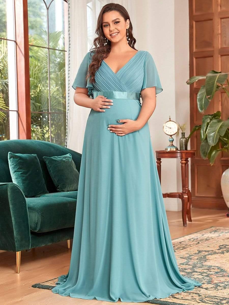 Ruched Bodice Flowy Chiffon Floor-Length Bump Friendly Dress with Sleeves #color_Light Teal 