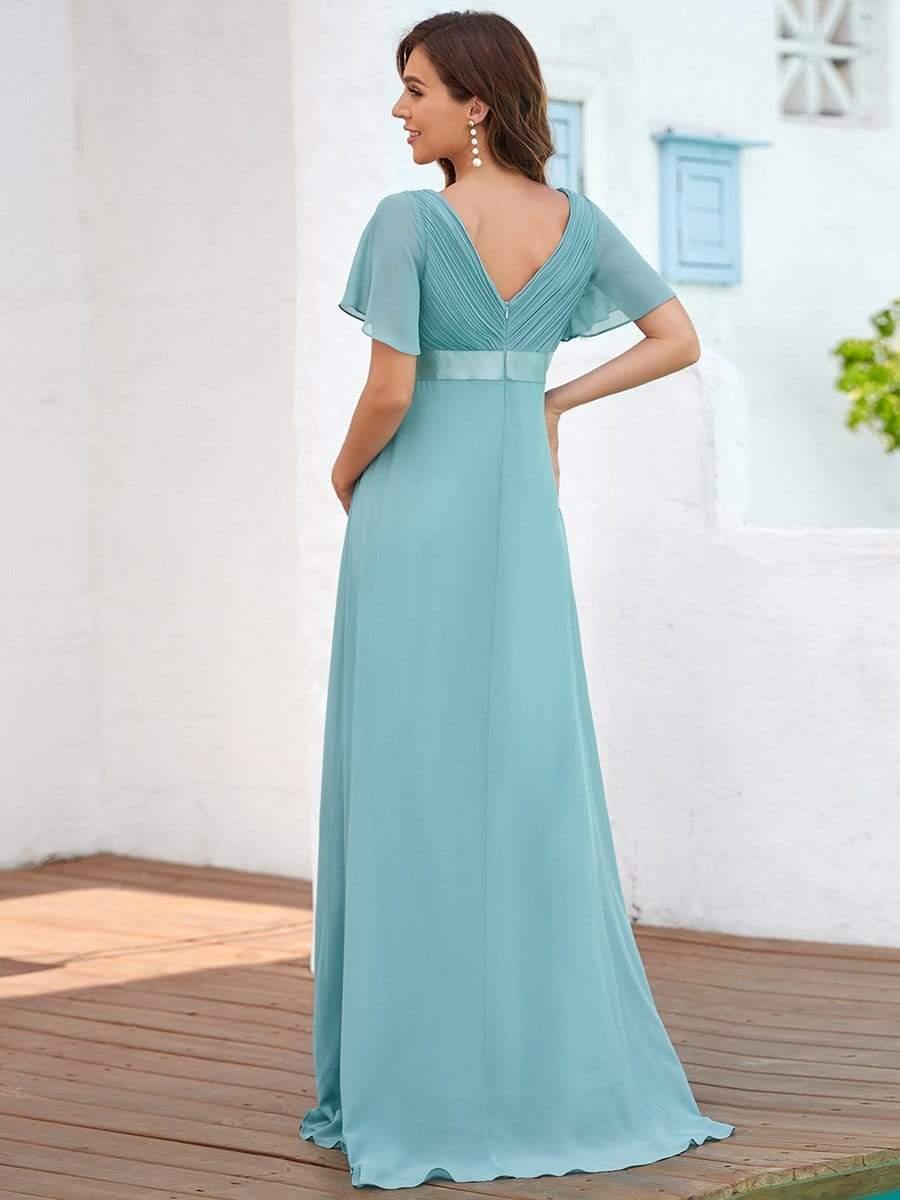 Ruched Bodice Flowy Chiffon Floor-Length Bump Friendly Dress with Sleeves #color_Light Teal 