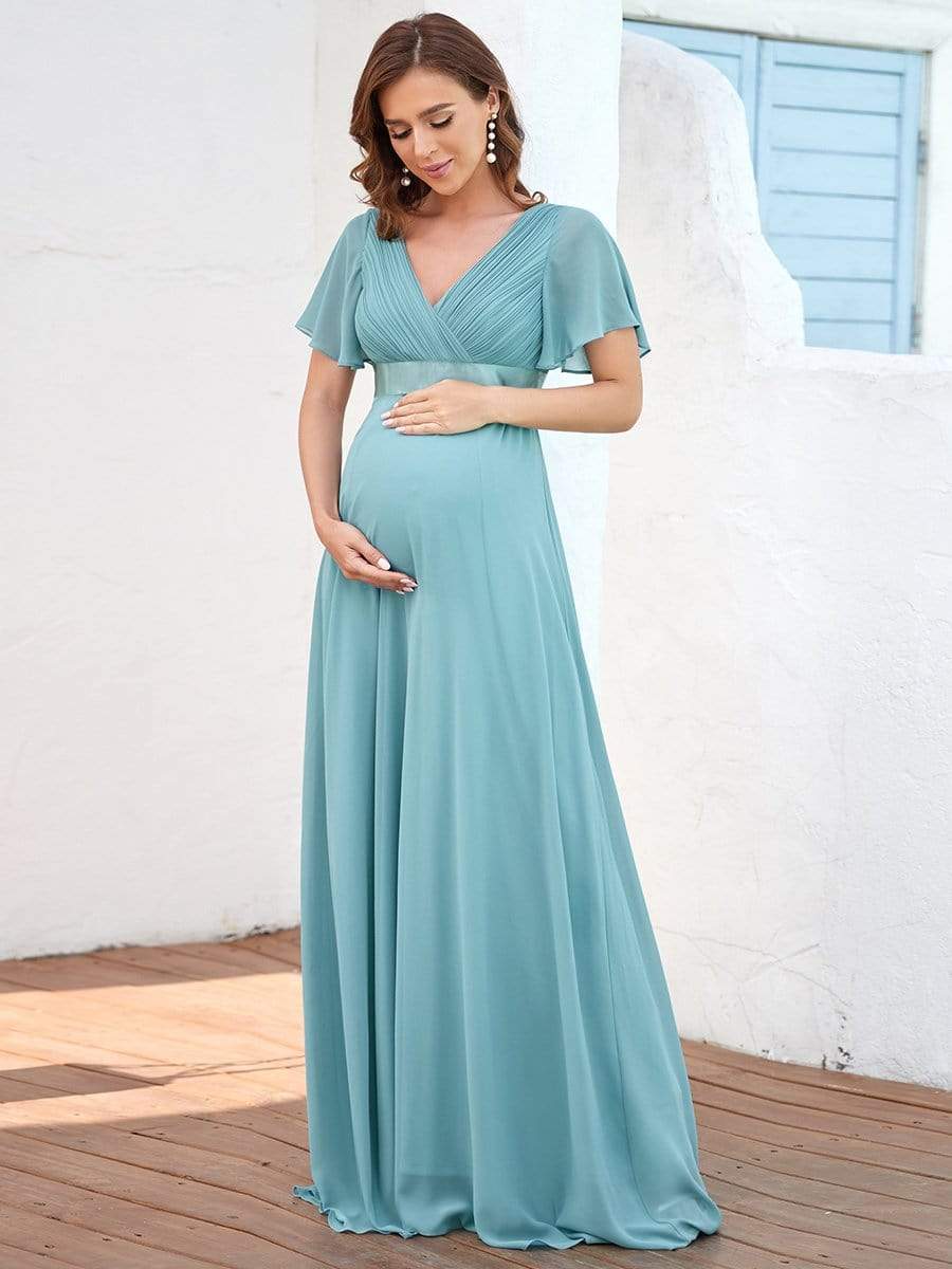 Ruched Bodice Flowy Chiffon Floor-Length Bump Friendly Dress with Sleeves #color_Dusty Blue 
