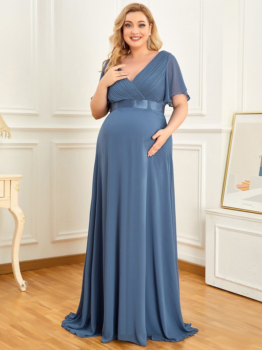 Ruched Bodice Flowy Chiffon Floor-Length Bump Friendly Dress with Sleeves #color_Dusty Navy 