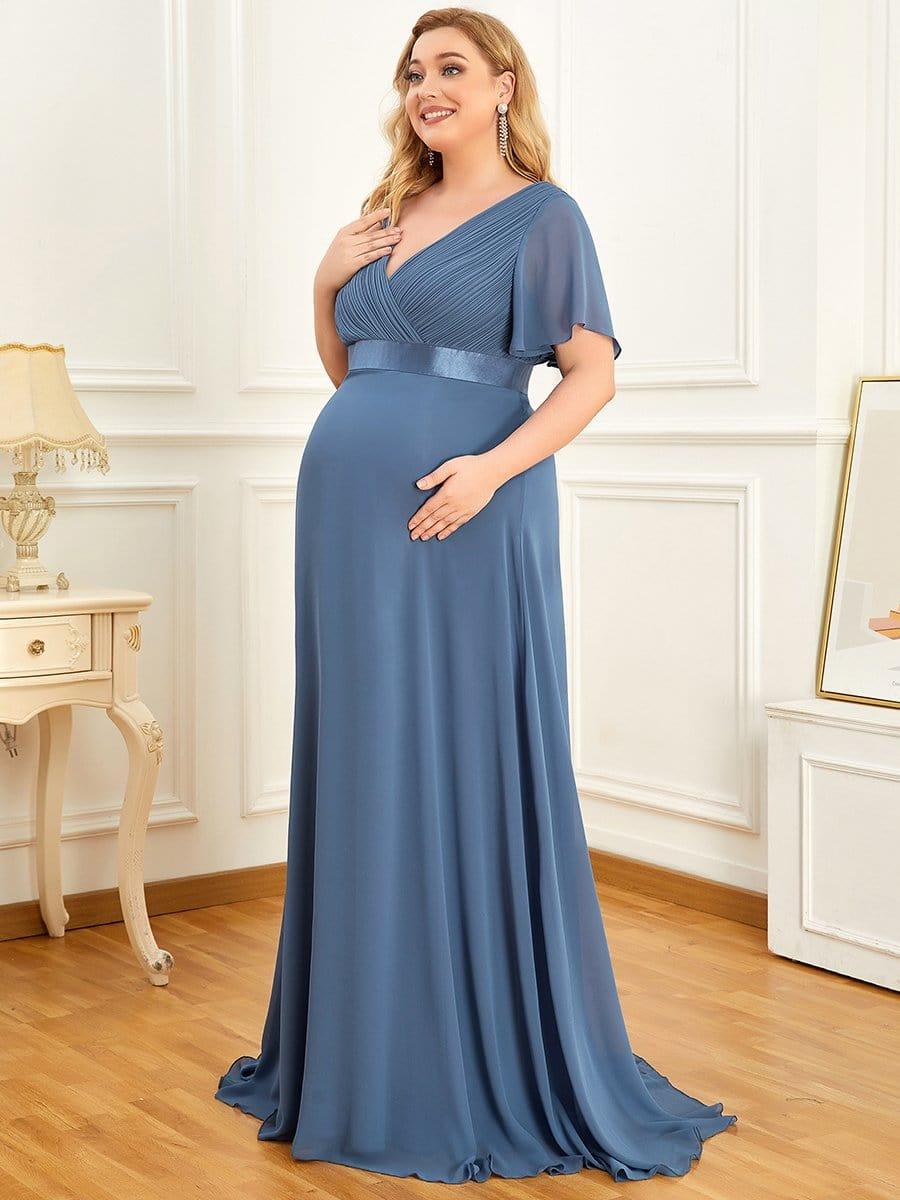 Ruched Bodice Flowy Chiffon Floor-Length Bump Friendly Dress with Sleeves #color_Dusty Blue