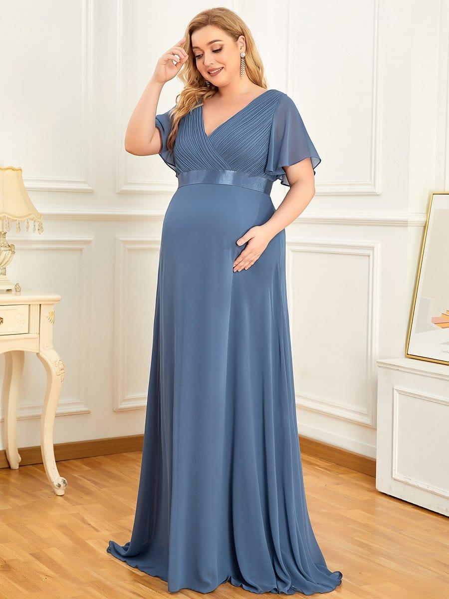 Ruched Bodice Flowy Chiffon Floor-Length Bump Friendly Dress with Sleeves #color_Dusty Blue