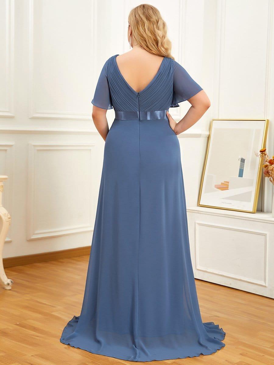 Ruched Bodice Flowy Chiffon Floor-Length Bump Friendly Dress with Sleeves #color_Dusty Blue