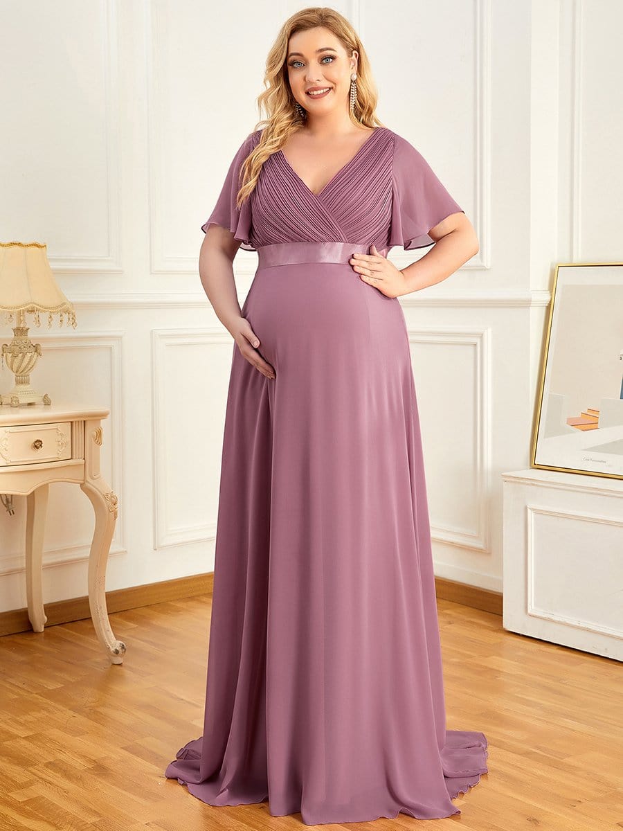 Plus Size Ruffle Sleeve Floor-Length Formal Maternity Dress #color_Purple Orchid 