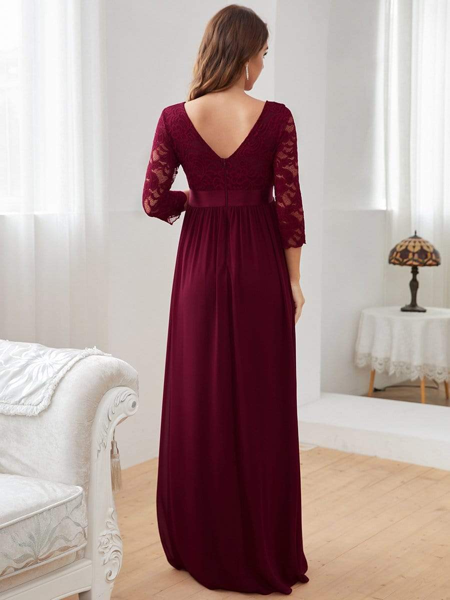 Sweetheart 3/4 Sleeve Floor-Length Lace Bump Friendly Dress #color_Burgundy 