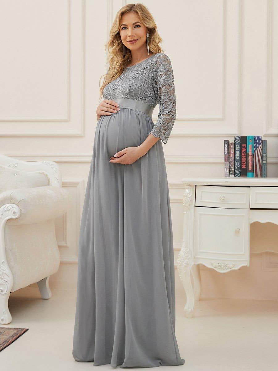 Sweetheart 3/4 Sleeve Floor-Length Lace Bump Friendly Dress #color_Grey 