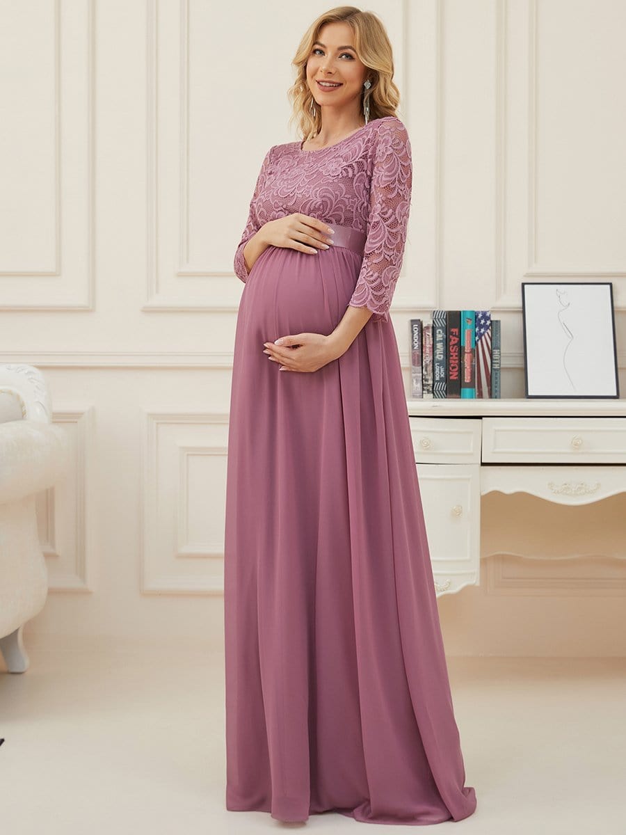 Sweetheart 3/4 Sleeve Floor-Length Lace Bump Friendly Dress #color_Purple Orchid 