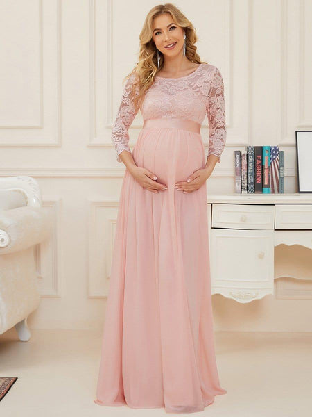 Ribbon Waist Floor-Length Lace Bump Friendly Dress - Ever