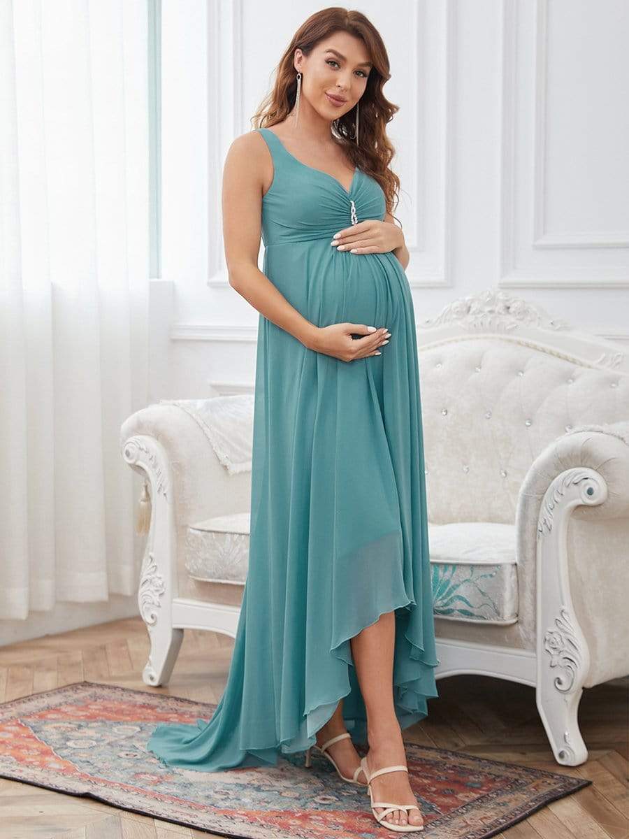 Jeweled Top Asymmetrical Formal Maternity Dress #color_Dusty Blue 