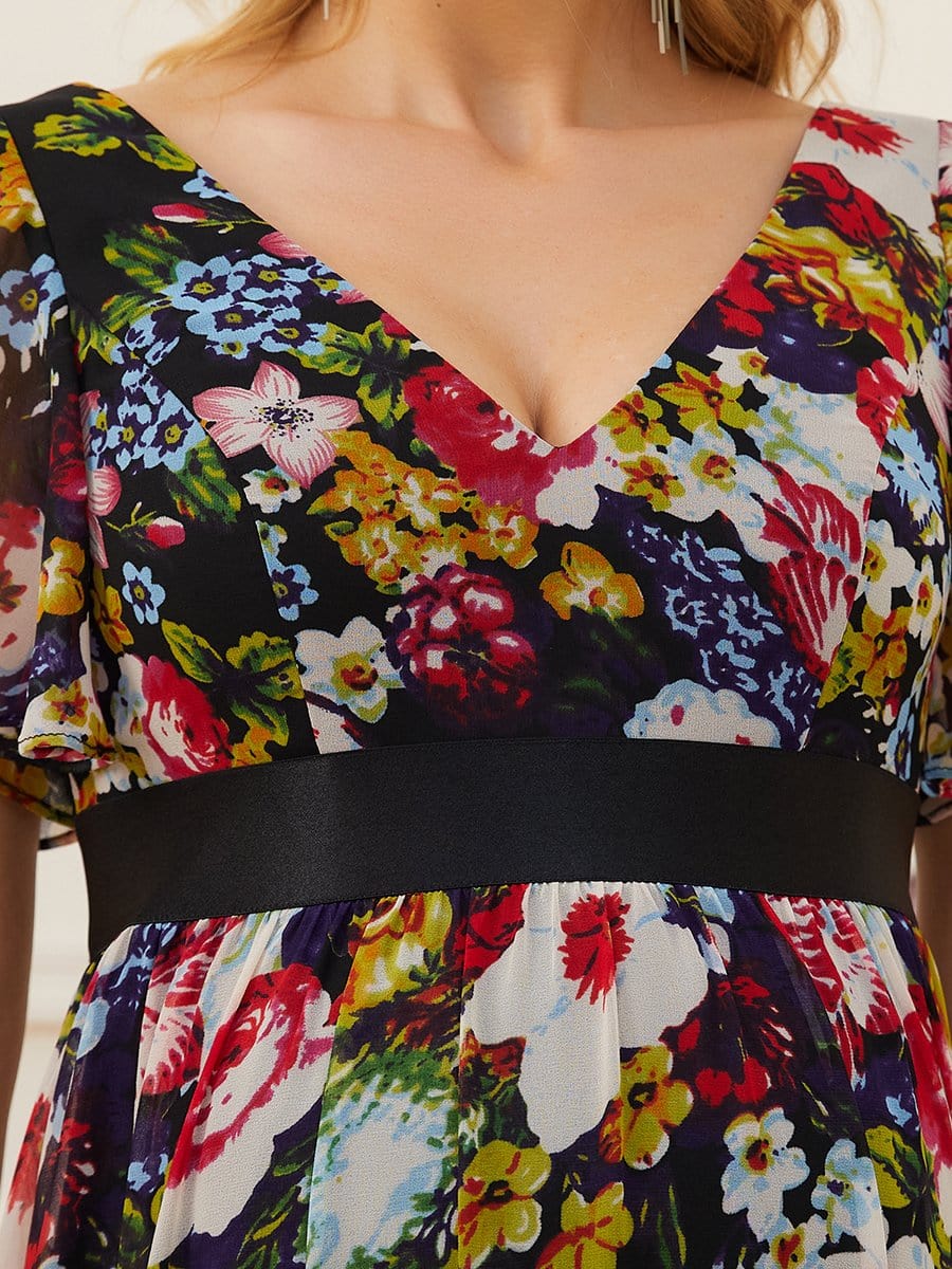 Floral Print V-Neck Short Sleeve Ruffle Maternity Dress