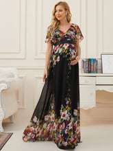 Floral Print V-Neck Short Sleeve Ruffle Bump Friendly Dress #color_Black and Printed 