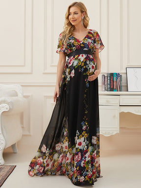 Floral Print V-Neck Short Sleeve Ruffle Maternity Dress