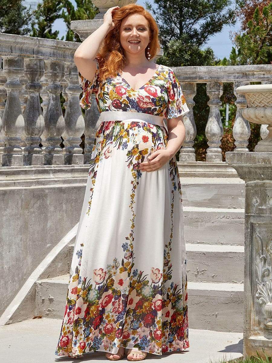 Plus Size Floral Print V-Neck Short Sleeve Ruffle Maternity Dress