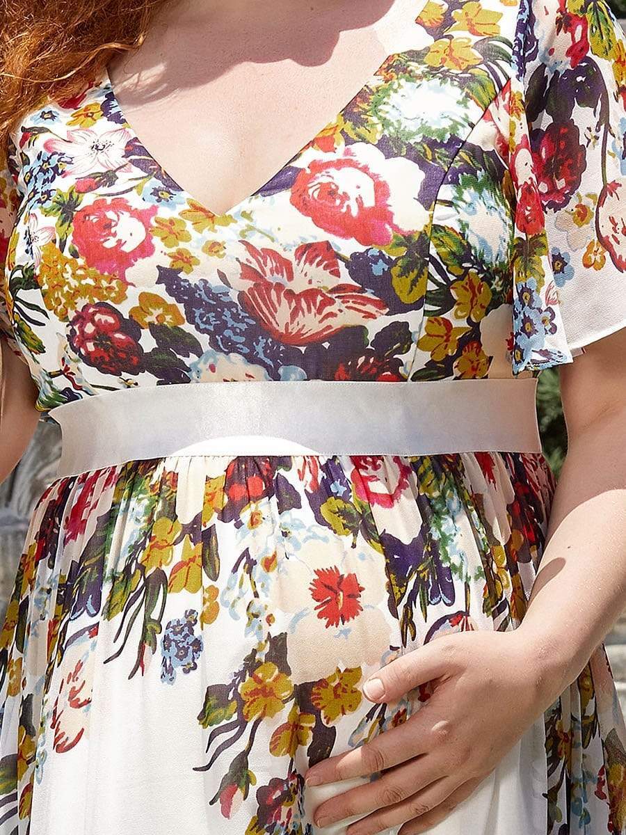 Plus Size Floral Print V-Neck Short Sleeve Ruffle Maternity Dress