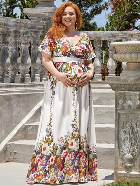 Plus Size Floral Print V-Neck Short Sleeve Ruffle Maternity Dress
