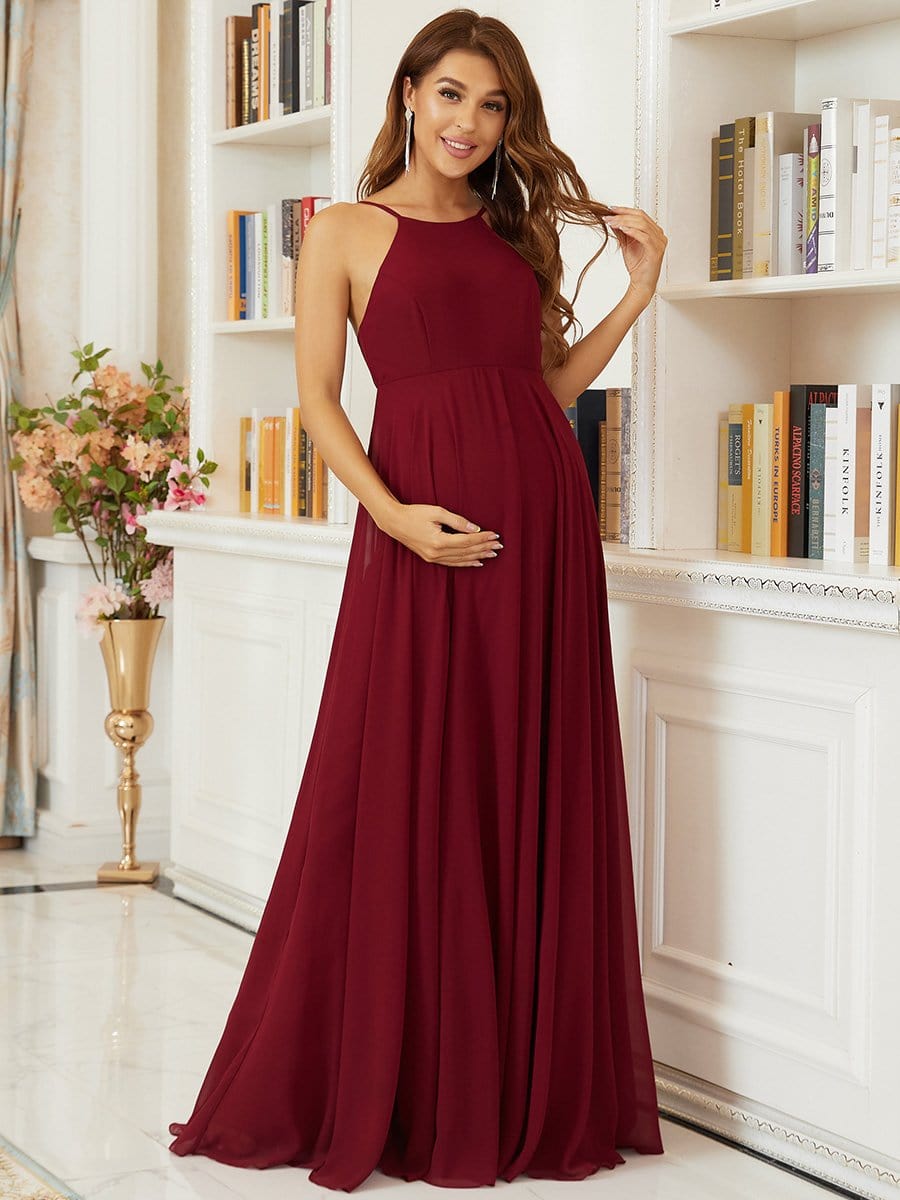 Color=Burgundy | Elegant Halter Top Tulle A-Line Maternity Dress-Burgundy 4