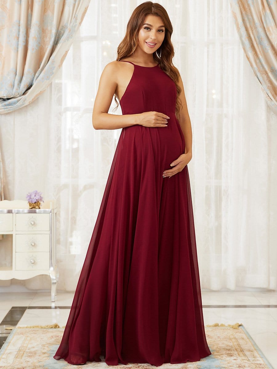 Color=Burgundy | Elegant Halter Top Tulle A-Line Maternity Dress-Burgundy 1