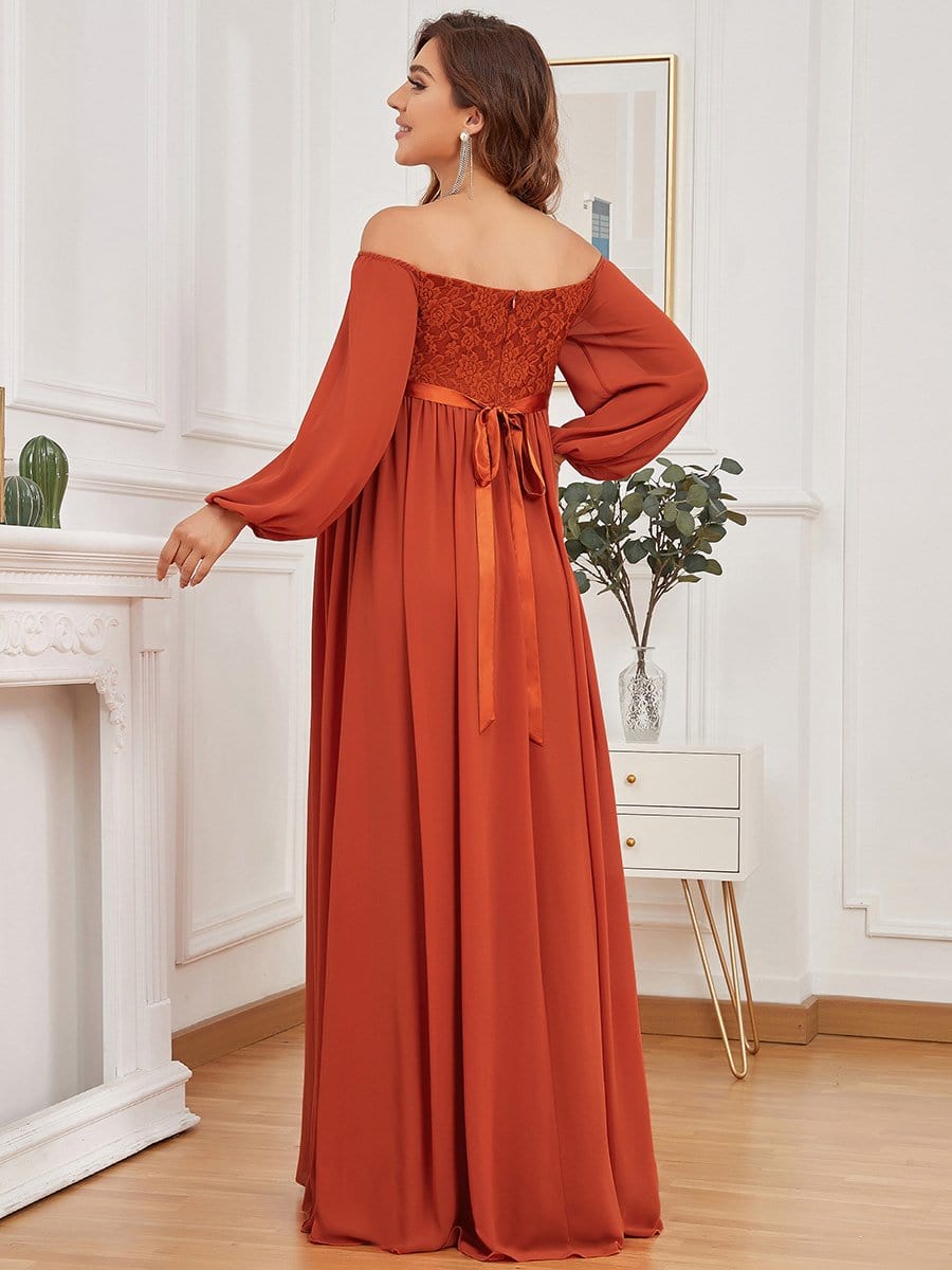Off-Shoulder Sheer Lace Long Sleeve Bump Friendly Dress #color_Burnt Orange  